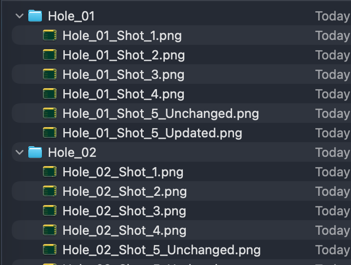 Exported scorecard files organized into per-hole folders
